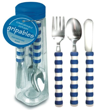 Pencil Grip Gripable Comfortable Cutlery, Fork, Knife, Spoon with Gripable Handles, Blue and White Handles, TPG-640B