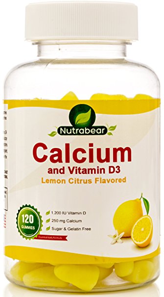 Calcium + Vitamin D3 Gummies, Sugar Free, Citrus Flavored, 100% Vegetarian, 60 Gummies, a Chewable Supplement for Children & Adults, By Nutrabear