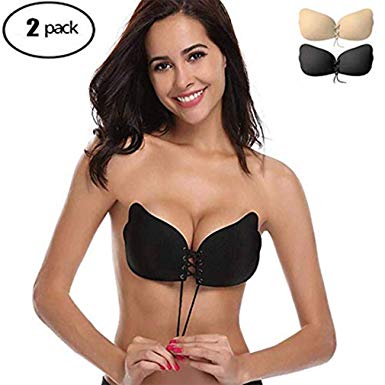 Acexy Invisible Adhesive Bra 2 Pack Sticky Bra Reusable Push Up Invisible Women Bra Drawstring Silicone Bras