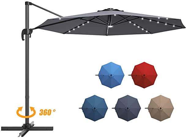 Giantex 10Ft Offset Umbrella 360-Degree Cantilever Patio Umbrella w/Solar Lights, Cross Base& Crank Lift, Easy Tilt, Aluminum Hanging Market Umbrella for Outdoor w/Cover (Grey)