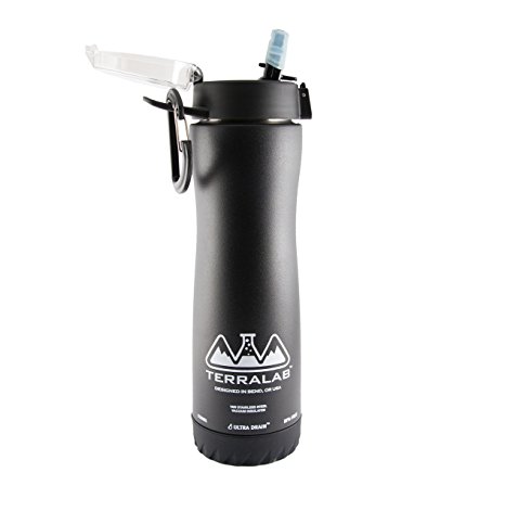 Stainless Vacuum Insulated Steel Water Bottle With Ultra Drain Technology, Wide Mouth With Flip Cap Straw Lid, 18 oz, Black - TERRA LAB