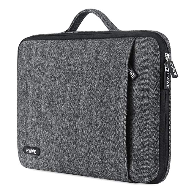 EWWE 360° Protective Laptop Sleeve Briefcase Handbag Case Cover for 13-13.3 Inch Laptop, MacBook, Chromebook, Herringbone Woollen Spill & Shock Resistant with Retractable Handle, Black