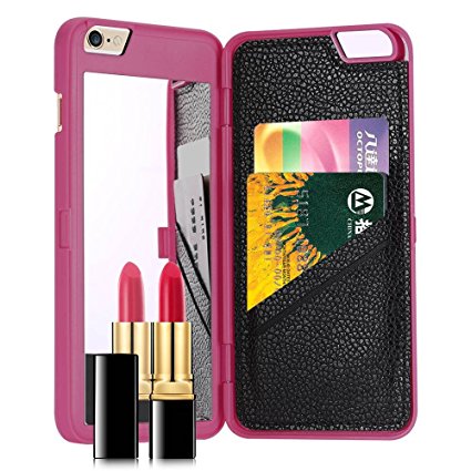 For Apple iPhone 6 Plus & Apple iPhone 6s Plus 5.5 inch Case, FLOVEME [Hidden Mirror] [Slim Fit] Premium Wallet Cash ID Credit Card Slots Holder with Stand Feature Hard Back Cover - Hot Pink