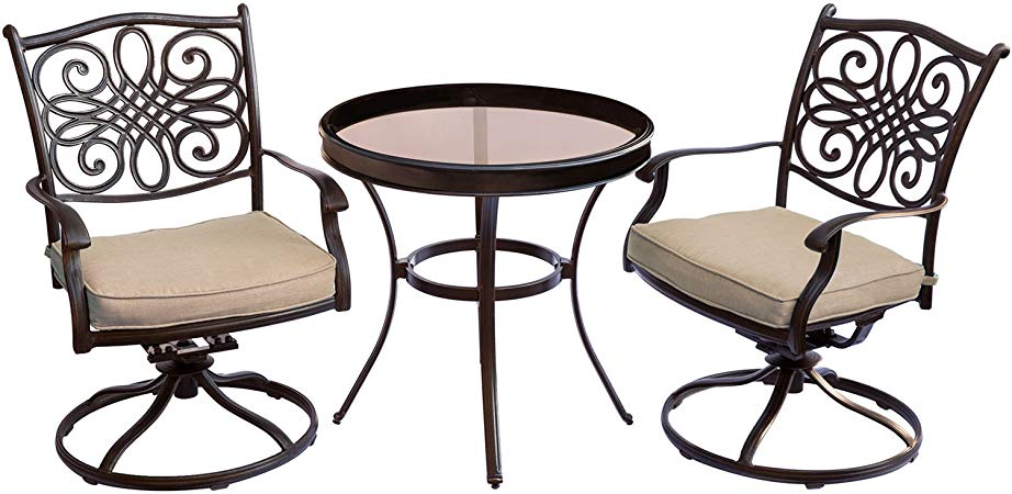 Hanover Traditions TRADDN3PCSWG 3-Piece Swivel Bistro Set in Tan with 30 in. Glass-top Table Outdoor Patio Furniture