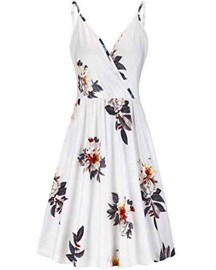 VOTEPRETTY Women's V-Neck Floral Spaghetti Strap Summer Casual Swing Dress with Pockets