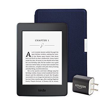 Kindle Paperwhite Essentials Bundle including Kindle Paperwhite 6" E-Reader, Black with Special Offers, Amazon Leather Cover - Ink Blue, and Power Adapter