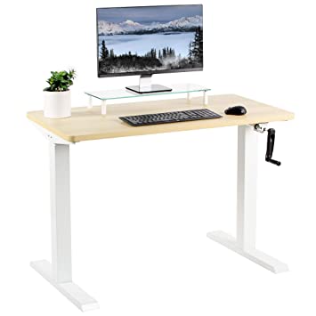 VIVO Manual 43” x 24” Stand Up Desk | Light Wood Table Top, White Frame, Height Adjustable Standing Workstation with Foldable Handle (DESK-KIT-MW4C)