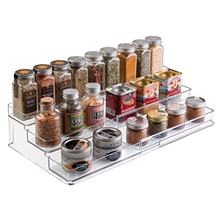 mDesign Expandable Kitchen Cabinet Organizer Rack for Spices, Condiments, Canned Food - 3 Tiers, Clear