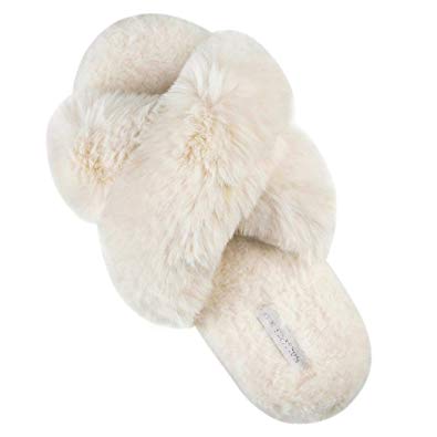 HALLUCI Women's Cross Band Soft Plush Fleece House Indoor or Outdoor Slippers