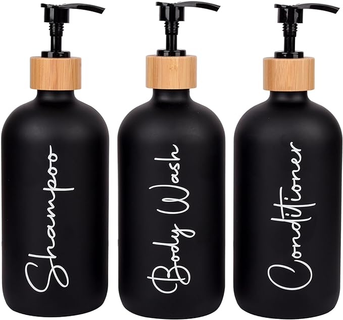17 oz Shampoo and Conditioner Pump Bottles Soap Dispenser Bamboo Pump Head Empty Glass Refillable Shampoo Conditioner Body Wash Soap Bottles for Bathroom, 3 Pack, Black