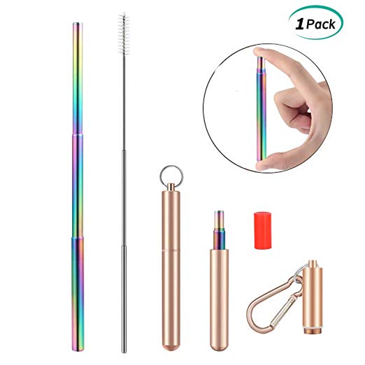 Reusable Telescopic Straws Stainless Steel Metal Folding Drinking Straws with Aluminum Case, Silicone Cover,Cleaning Brush and Carabiner (Colorful)