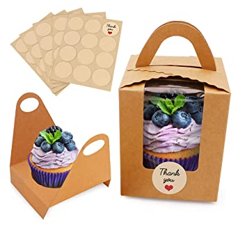 Single Cupcake Boxes: 60 Pack Individual Cupcake Boxes with Window & Carrier Handle - Includes Sticker Labels & Cupcake Inserts - Kraft Cupcake Boxes Individual Bulk for Bakery - Hot Cocoa Bomb Boxes