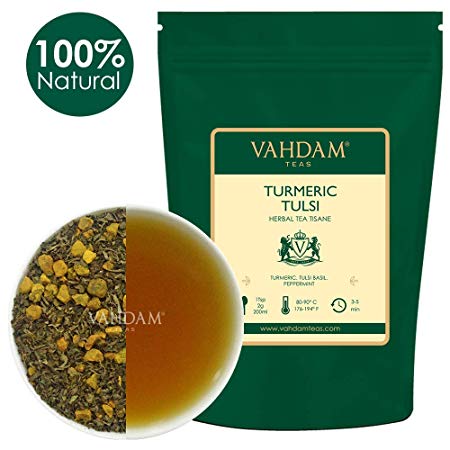 VAHDAM, Turmeric Tulsi Herbal Tea Loose Leaf (100 Cups) | INDIA'S MAGIC HERB | Blend Of Turmeric Tea & Tulsi | 100% NATURAL TISANE Tea | Brew as Hot or Iced Tea | 7 Oz