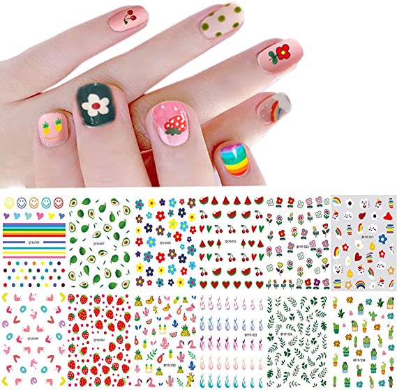 Nail Stickers for Women and Little Girls - 12 Sheets 3D Self-Adhesive DIY Nail Art Decoration Set Including Flowers Smiling Face Animals Plants Fruits Nail Decals for Woman Kids Girls