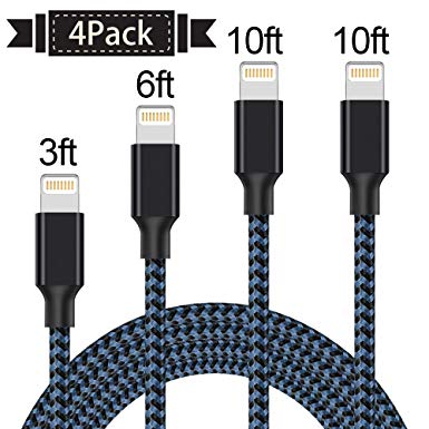 Cable,ONSON Charger Cables 4Pack 3FT 6FT 10FT 10FT to USB Syncing and Charging Cable Data Nylon Braided Cord Charger for iPhone 7/7 Plus/6/6 Plus/6s/6s Plus/5/5s/5c/SE and more-BlackBlue …