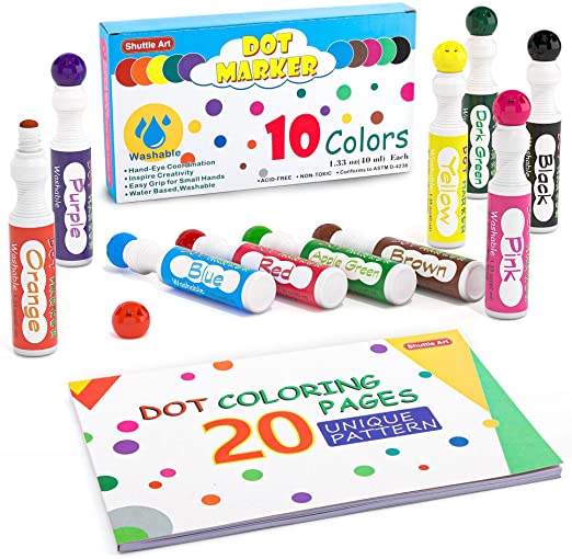 Washable Dot Markers, 10 Colors Bingo Daubers with An Activity Book and 200 Patterns Coloring PDF Sheets, Non-Toxic Water-Based Dot Art Markers for Toddlers Kids Preschool Children Art Craft Supplies by Shuttle Art