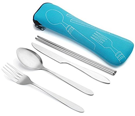 VICBAY 4 Pieces Stainless Steel Flatware Set, Knife Fork Spoon Chopsticks Set, Travel Camping Cutlery Set with Neoprene Case, Reusable Lunch Box Utensils, Portable Travel Silverware Set