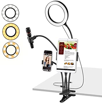 MoKo Selfie Ring Light with Phone Holder Stand for Live Stream, 8" Dimmable LED Ring Light Holder with Mic/Phone/Tablet Clip for Makeup YouTube, Fits iPhone 11 Pro, iPad Air 4 - Black