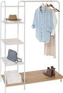 Honey-Can-Do Clothing Rack, Clothes Rack with Wood Shelf, Freestanding, Easy to Assemble Garment Rack, Standing Metal Sturdy, Small Space Storage Solution, with Shoe Storage White