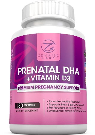 Prenatal DHA Vitamins - Best Pregnancy Care Supplement - Made With Vitamin D3 Omega 3 and EPA for Brain and Eye Health - 100 Natural Formula for Healthy Baby Development - 180 Softgels - Zenwise Health