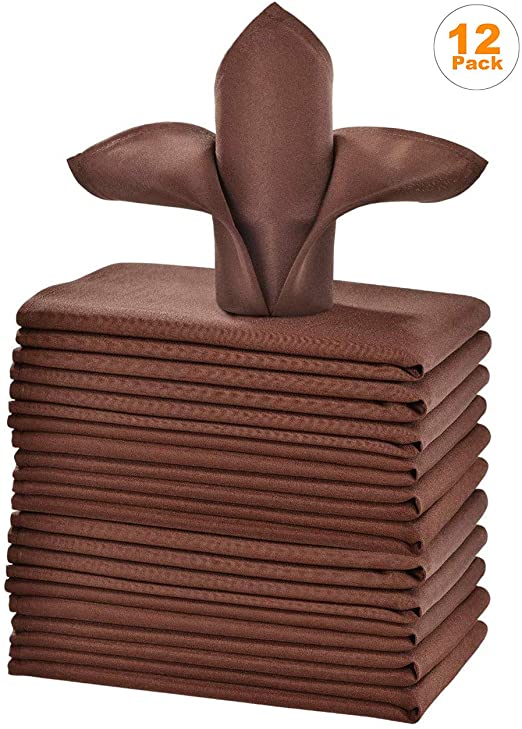 Cieltown Polyester Cloth Napkins 1-Dozen, Solid Washable Fabric Napkins Set of 12, Perfect for Weddings, Parties, Holiday Dinner (17 x 17-Inch, Chocolate)