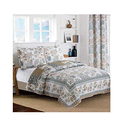 All American Collection New Reversible 2pc Floral Printed Blue/White Bedspread/Quilt Set (Twin Size)