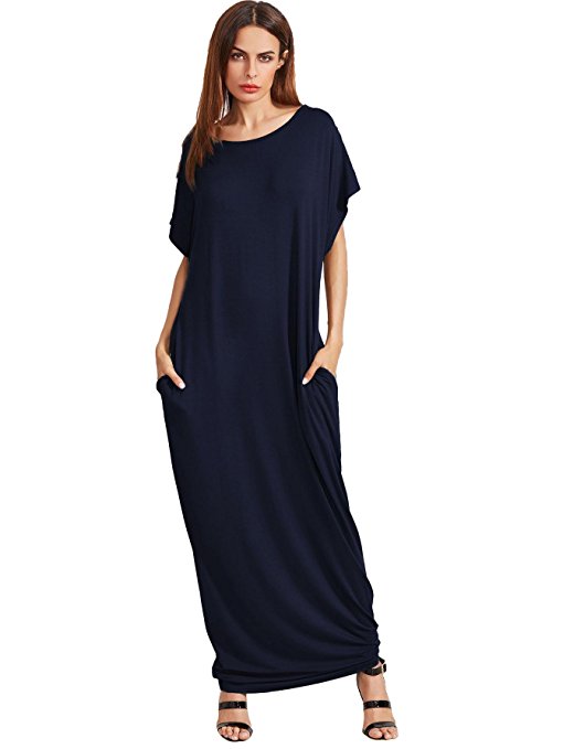 Verdusa Women's Summer Casual Loose Long Dress Short Sleeve Pocket Shift Maxi Dress