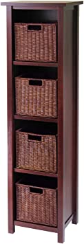 Winsome Wood Milan Wood 5 Tier Open Cabinet and 4 Rattan Baskets in Antique Walnut Finish