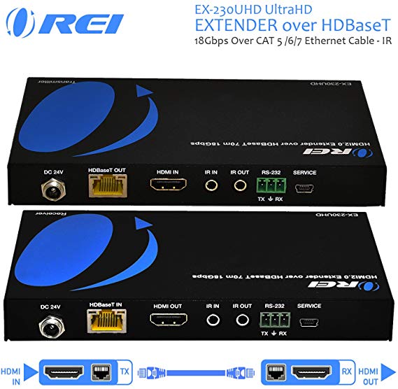 Orei EX-230UHD UltraHD Extender Over HDBaseT 18Gbps Over CAT 5/6/7 Ethernet Cable - IR Signal - 230 Ft @ 1080P - 130 Ft @ 4K 60hz