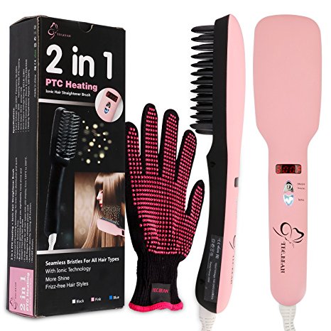 2-in-1 Ionic Hair Straightener Brush PTC Heating Hair Straightening Irons 5 Heat Settings for Different Hair Types 360 Rotatable Power Cord with Heat Resistant Glove