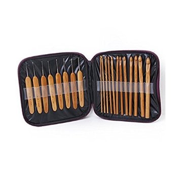 Foxnovo 20pcs Professional Bamboo Crochet Hooks Knitting Needles in Different Sizes with Purple PU Case