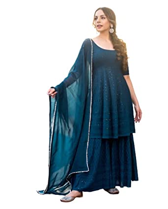 Royal Export Women's Sequence & Embroidered Cotton Kurta, Sharara & Dupatta