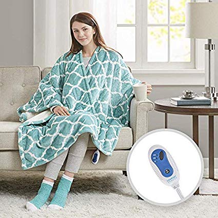 Comfort Spaces Electric Heated Throw Blanket Wrap Ultra Soft Warm Plush Sherpa Reverisble Blanket - 3 Fast Heat Setting - Ogee Aqua - 50x64 inches Match Socks Set