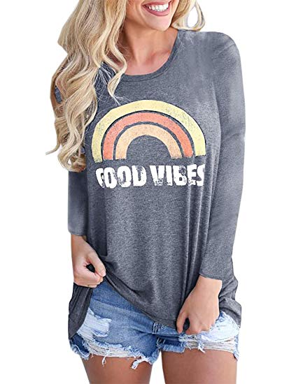 YOMISOY Womens Rainbow Long Sleeve T Shirt Graphic Cute Good Vibes Casual Blouse Tops