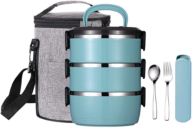 YBOBK HOME Bento Lunch Box, Stackable Insulated Leak Proof Stainless Steel Metal Portable Cylinder All-in-one Lunch Container with Lunch Bag and Spoon and Fork for Adults (Turquoise)