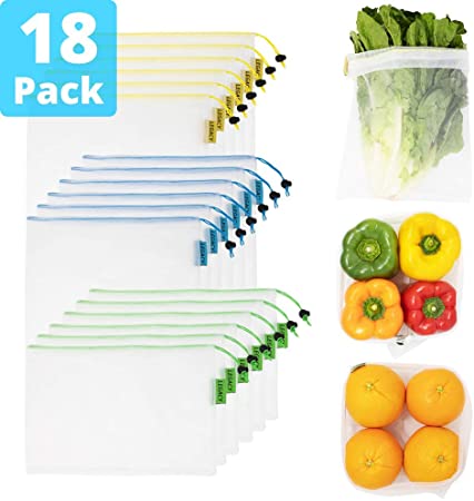 LEGACY - Set of 18 - Premium Reusable Produce Bags - Mesh with Drawstring for Fruits and Veggies - Green Eco-Friendly Sustainable Grocery Shopping - Washable - Fresh Food Storage
