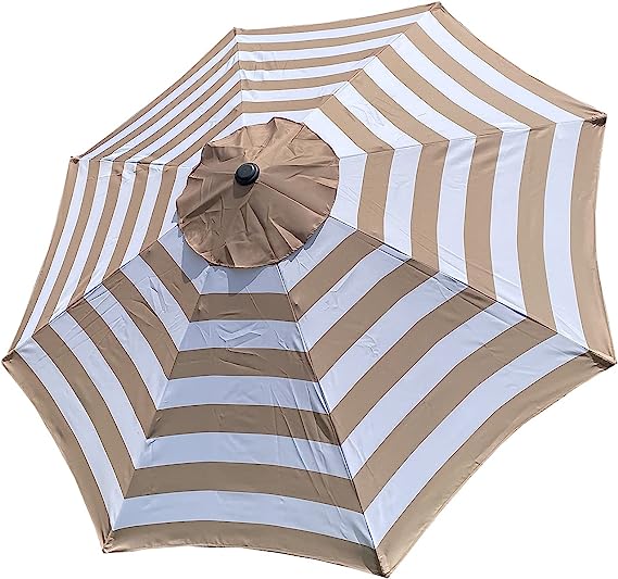BELLRINO DECOR 9ft 8 Ribs Replacement MEDIUM COFFEE/White Stripe STRONG AND THICK Umbrella Canopy (Canopy Only)