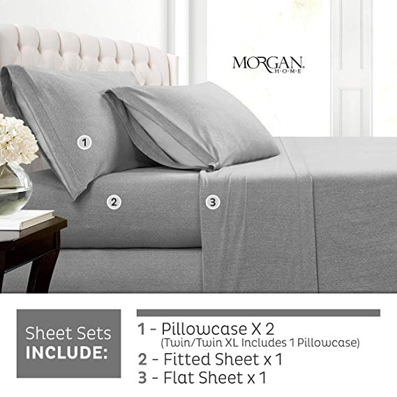 Morgan Home Cotton Rich T-Shirt Soft Heather Jersey Knit Sheet Set - All Season Bed Sheets, Warm and Cozy (King, Heather Grey)