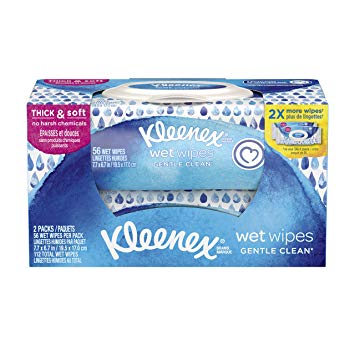 Kleenex Wet Wipes, For Hands and Face, No Chemicals, On-the-go, Flip-top Pack, 56 Wipes, 2 packs, Gentle Clean to remove dirt and makeup