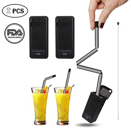 Collapsible Straws,Cuteadoy Stainless Steel Reusable Drinking Folding Straws with Cleaning Brush Perfect for Travel, Home, Office Or Gift (Black-2pcs)