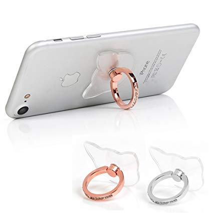 Mavis's Diary 2 Pcs Ring Stand Holder Transparent Cat Universal 360 Degree Rotating Phone Metal Buckle Tablet Finger Grip Kickstand for All Phones Tablets - Sliver & Rose Gold