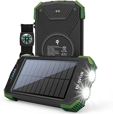 Solar Power Bank, Qi Portable Charger 10,000mAh External Battery Pack Type C Input Port Dual Flashlight, Compass, Solar Panel Charging (Dark Green)
