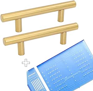 goldenwarm 10 Pack Gold Cabinet Handles 3-1/2 Inch Drawer Pulls Kitchen Cupboard Hardware with 1 Pack Cabinet Handle Drill Mounting Template Door Pull Drill Mounting Template