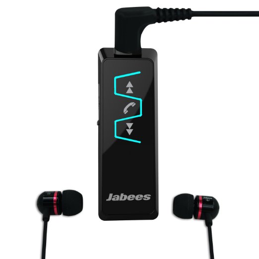 Jabees Bluetooth V4.1 Music Receiver Stereo Headphones with 3.5mm In-Ear Audio Earbuds with Built-in Clip on Collar Handsfree Headsets for iPhone iWatch Android Smart Phones Tablets Voip Calls (Black)
