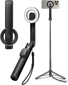 Spigen Wondersnap MagFit Selfie Stick Tripod, [Metal Ring & Strap Included] Phone Tripod Stand for iPhone 16 15 14 13 Pro Max Plus, Samsung Galaxy, Google Pixel - Black