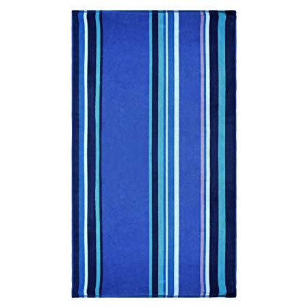 Superior Luxurious 100% Cotton Beach Towels, Oversized 34" x 64", Soft Velour Cotton and Absorbent Cotton Terry, Thick and Plush Striped Beach Towels - Blue Sefina Stripes