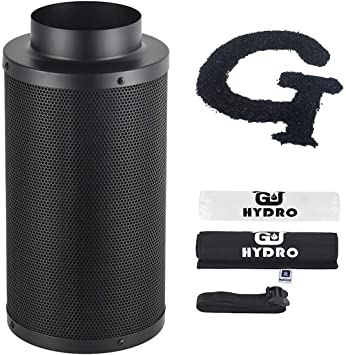 G HYDRO 6 Inch Air Carbon Filter with Australia Virgin Activated Charcoal Prefilter Included Odor Control Scrubber for Grow Tent Indoor Plants Inline Fan, Reversible Flange 6 x 18 Inch 425 CFM, Black