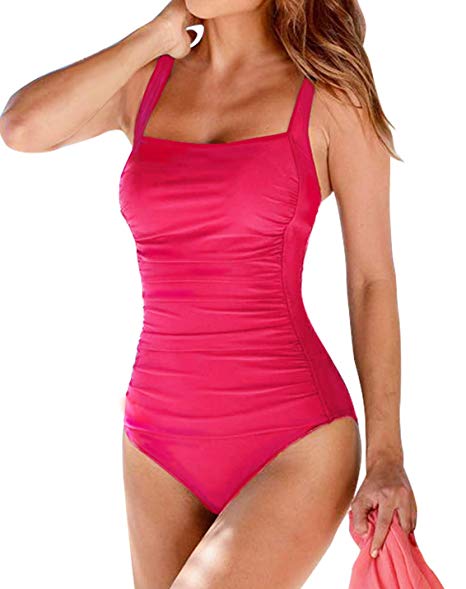 Upopby Women's Vintage Padded Push up One Piece Swimsuits Tummy Control Bathing Suits Plus Size Swimwear