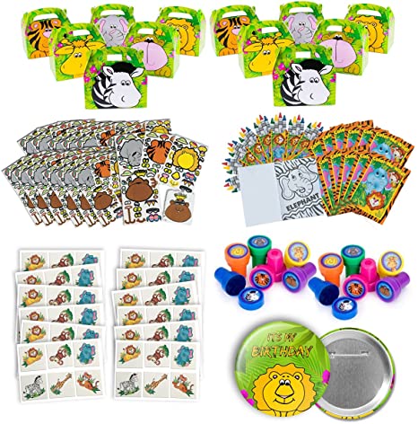 Safari Zoo Animal Party Favors 120 Piece Set Includes Treat Boxes and Enough Party Favors Birthday Bundle for 12 Kids Jungle Animal Party Supplies Pack