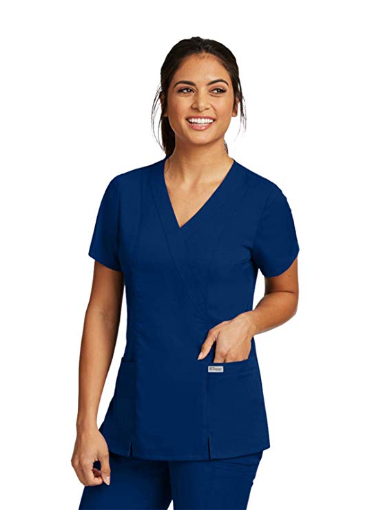 Grey's Anatomy 2-Pocket Mock Wrap Top for Women - Classic Fit Medical Scrub Top